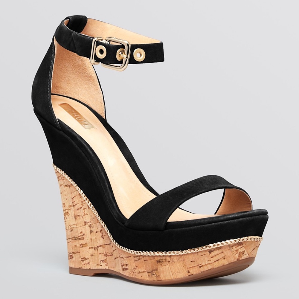 SCHUTZ Black Open Toe Wedge Cork Ankle Open Toe Heels
